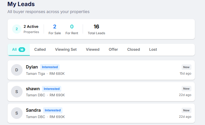 PropFollow leads dashboard with buyer responses and follow-up status