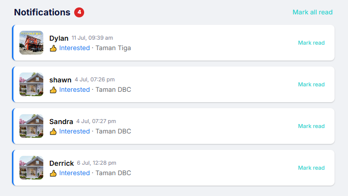 PropFollow notifications showing real-time buyer interest alerts