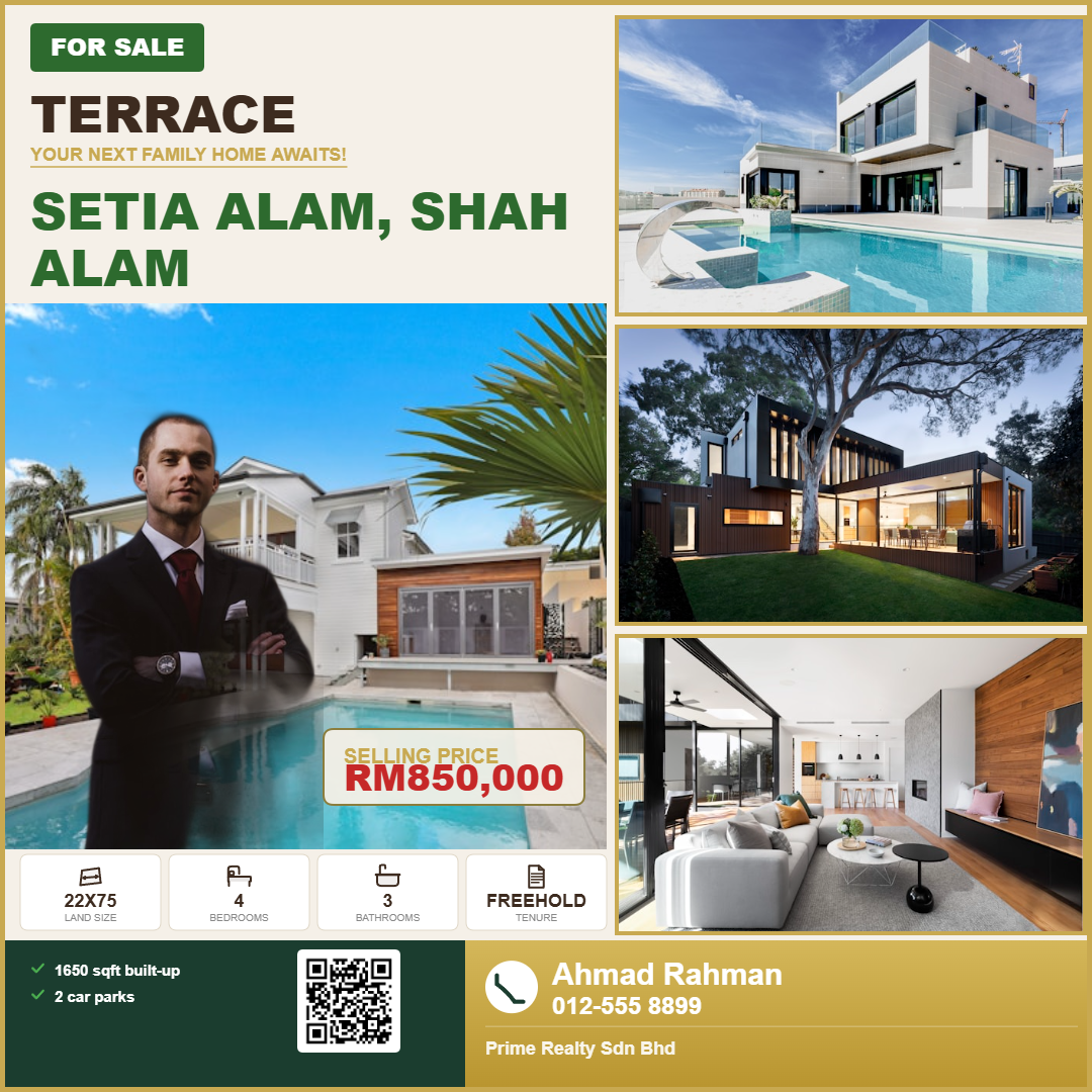Professional marketing poster generated by PropFollow with property photos, price, specs, and agent details